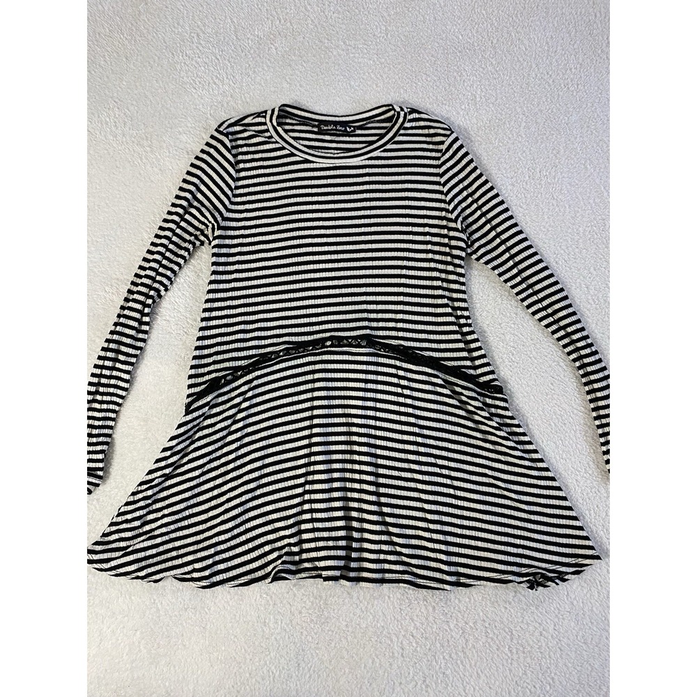 Double Zero Women's Long Sleeve Tunic Top Black White Striped Open Knit Middle S